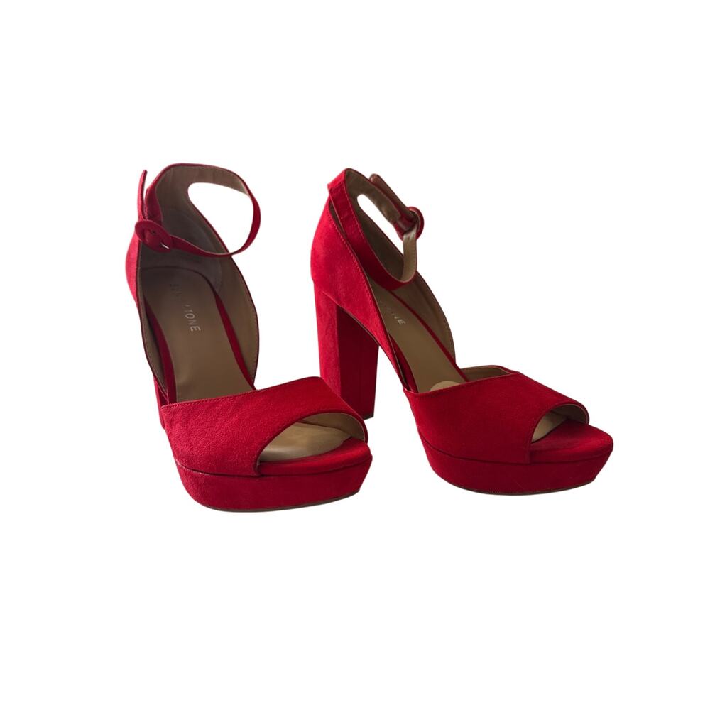 TSun + Stone Red Dress Heels w/ Ankle Strap Suede Sandals Block Heel 8.5 4inch - Picture 2 of 11